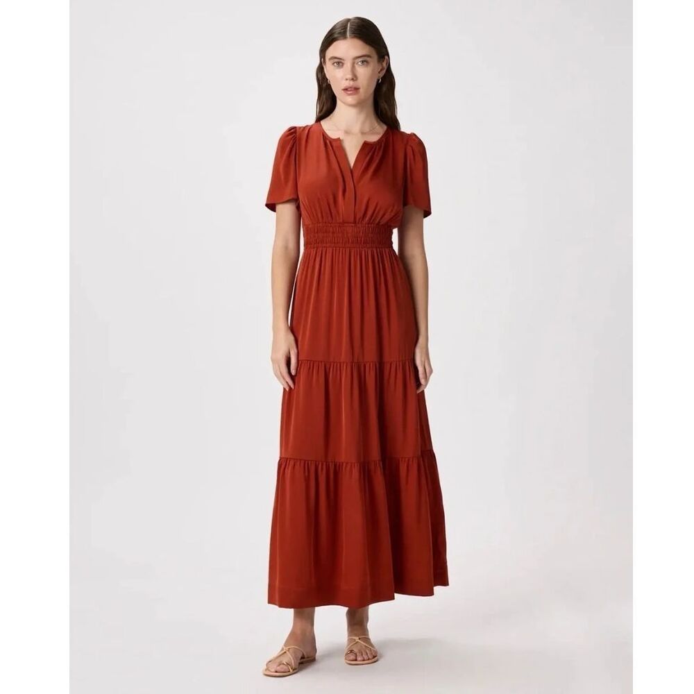 Quince Washable Stretch Silk Tiered Maxi Dress Paprika Red Size Large